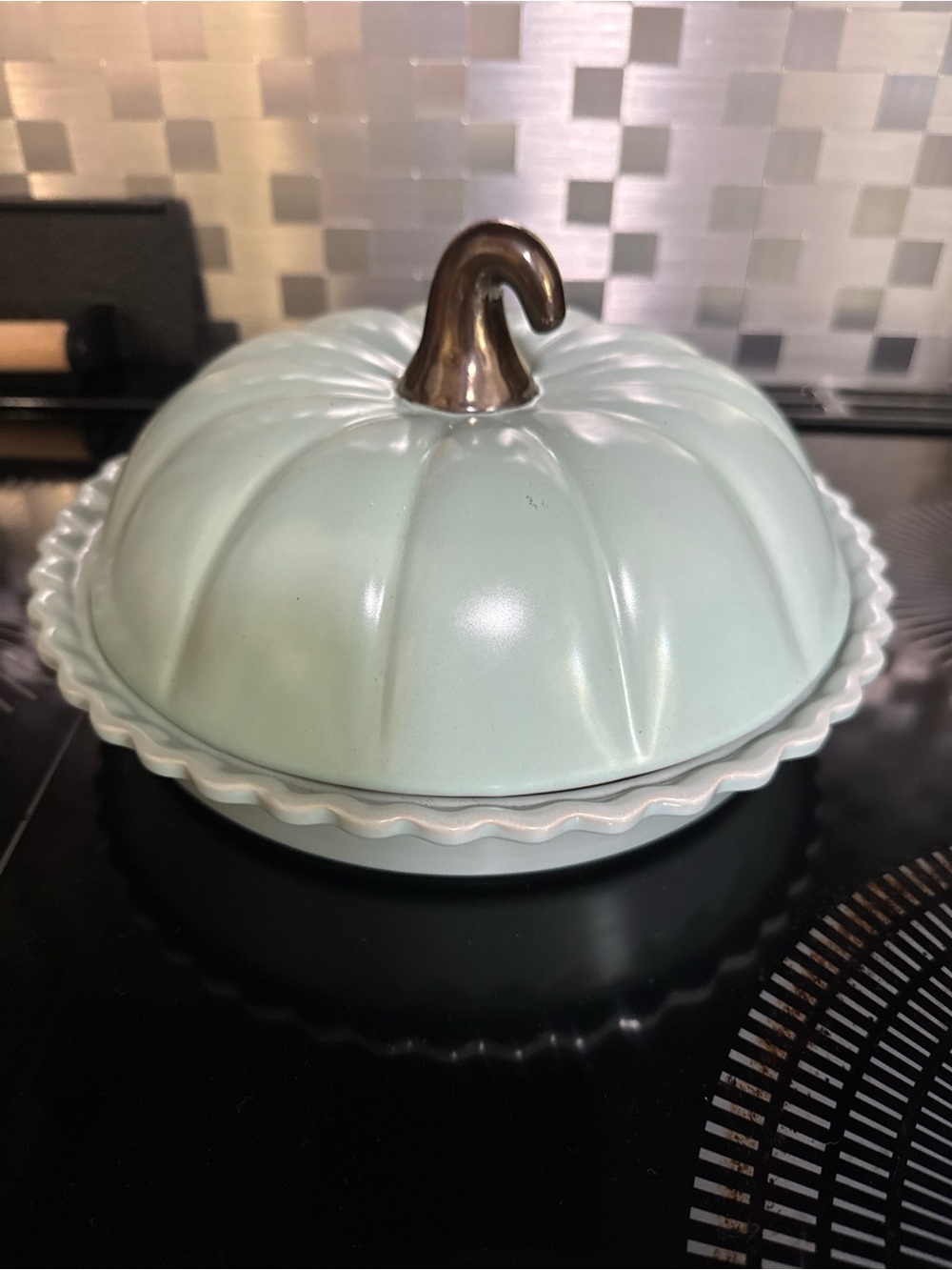 Ciroa Mint Green Pumpkin Covered Serving Dish with Bronze Stem